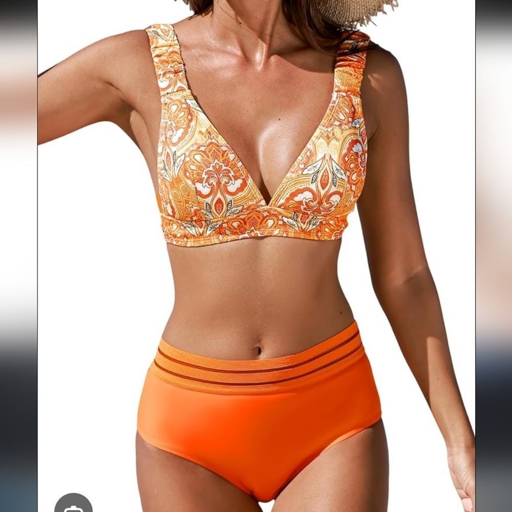 Orange Paisley V-Neck Bikini Set - Women Swim